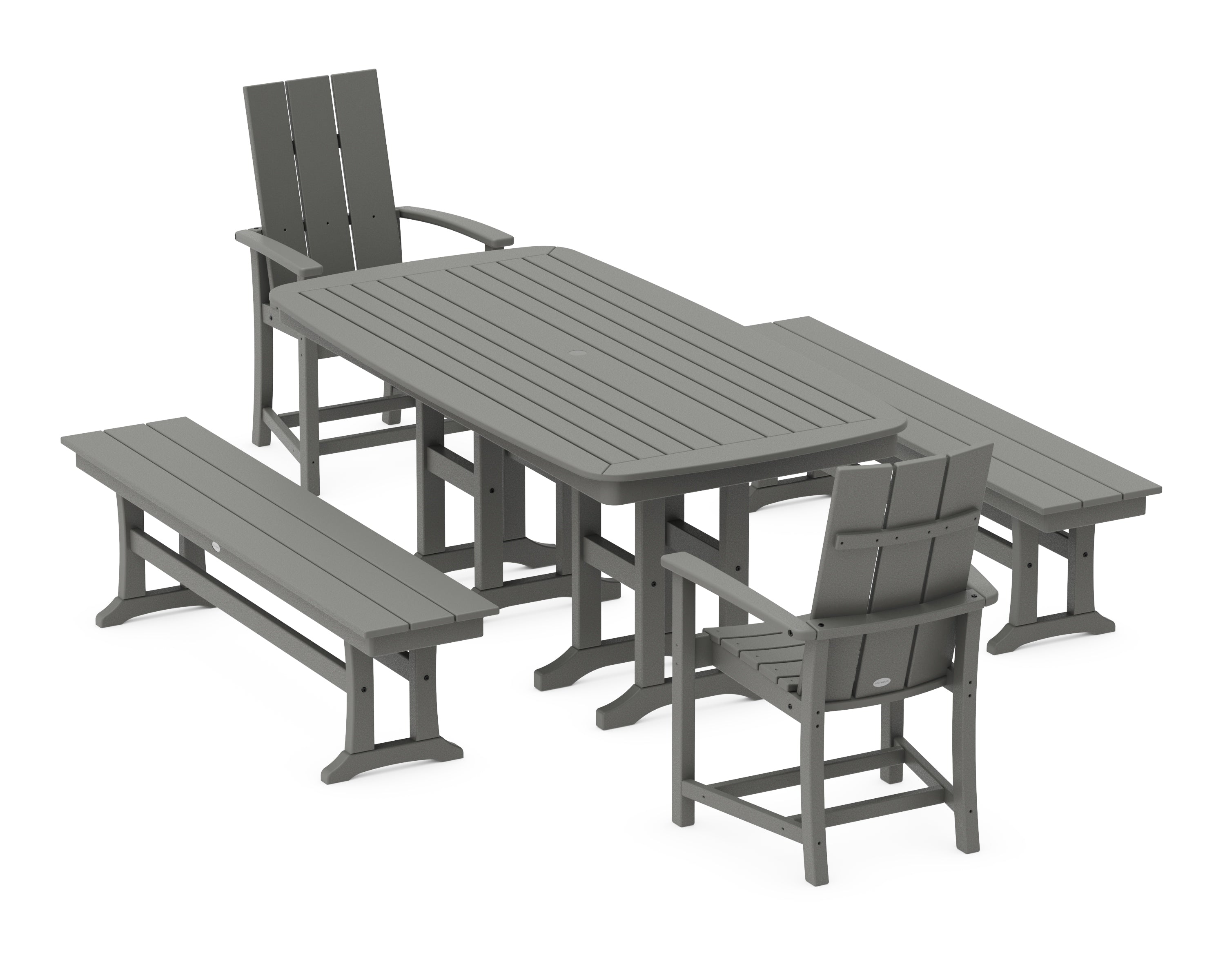 POLYWOOD® Modern Adirondack 5-Piece Farmhouse Dining Set with Benches in Slate Grey