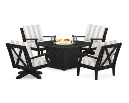 POLYWOOD® Braxton 5-Piece Deep Seating Set with Fire Table in Black / Cabana Stripe Dune Burlap