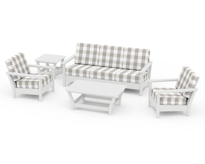 POLYWOOD® Harbour 5-Piece Deep Seating Set in White / Buffalo Plaid Grey Mist