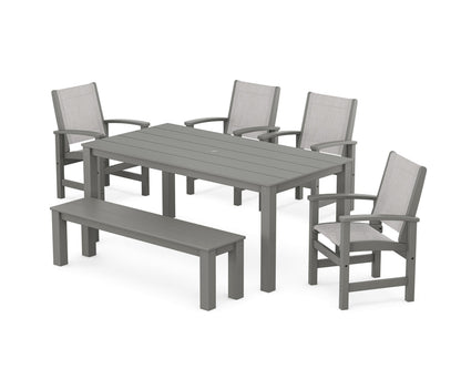 POLYWOOD® Coastal 6-Piece Parsons Dining Set with Bench in Teak / Dupioni Apricot Sling