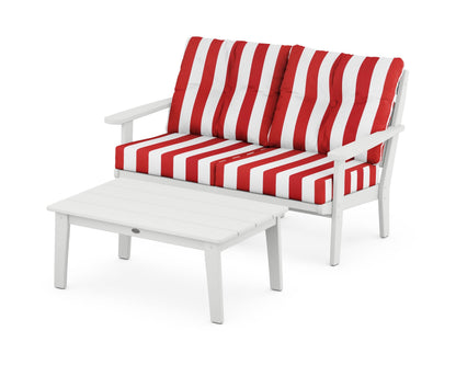 POLYWOOD® Lakeside 2-Piece Lounge Loveseat Set in White / Cabana Stripe Crimson