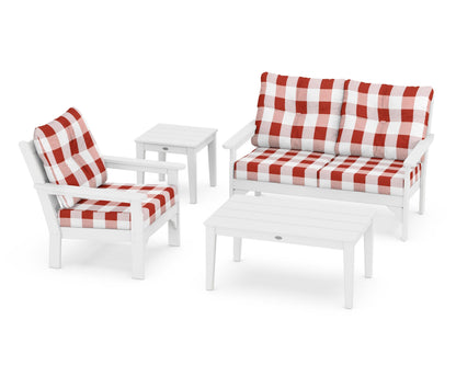 POLYWOOD® Vineyard 4-Piece Deep Seating Set in White / Buffalo Plaid Crimson