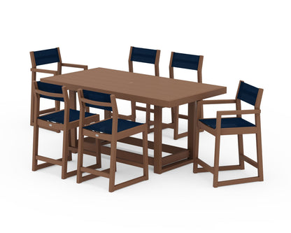 POLYWOOD® EDGE Sling 7-Piece Counter Table Set in Teak / Navy Blue Sling