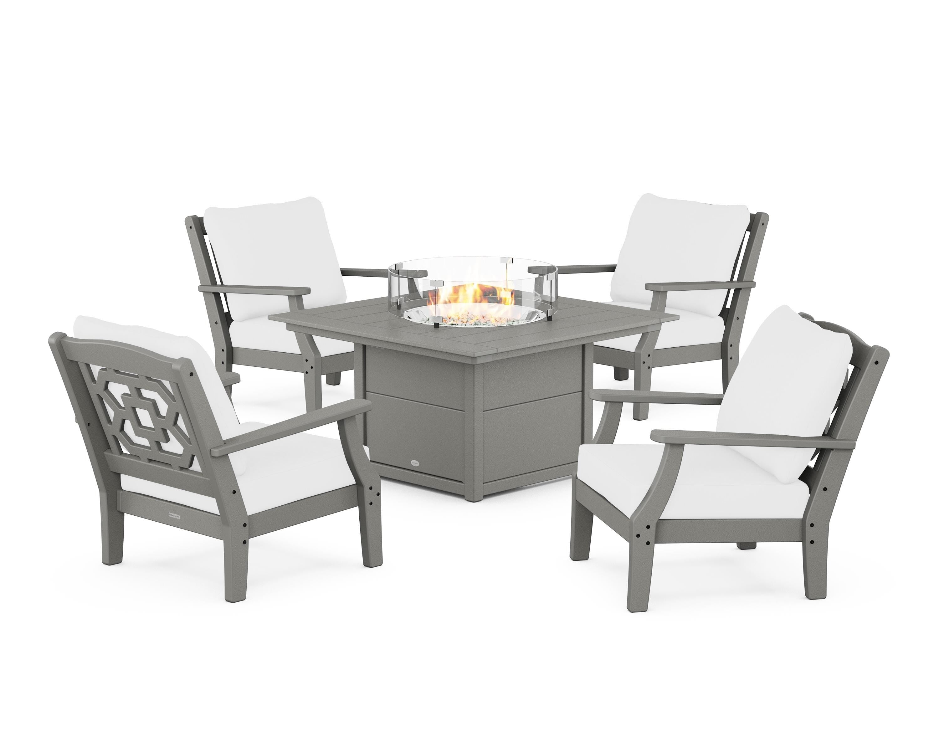Martha Stewart by POLYWOOD® Chinoiserie 5-Piece Deep Seating Set with Fire Pit Table in Slate Grey / Natural