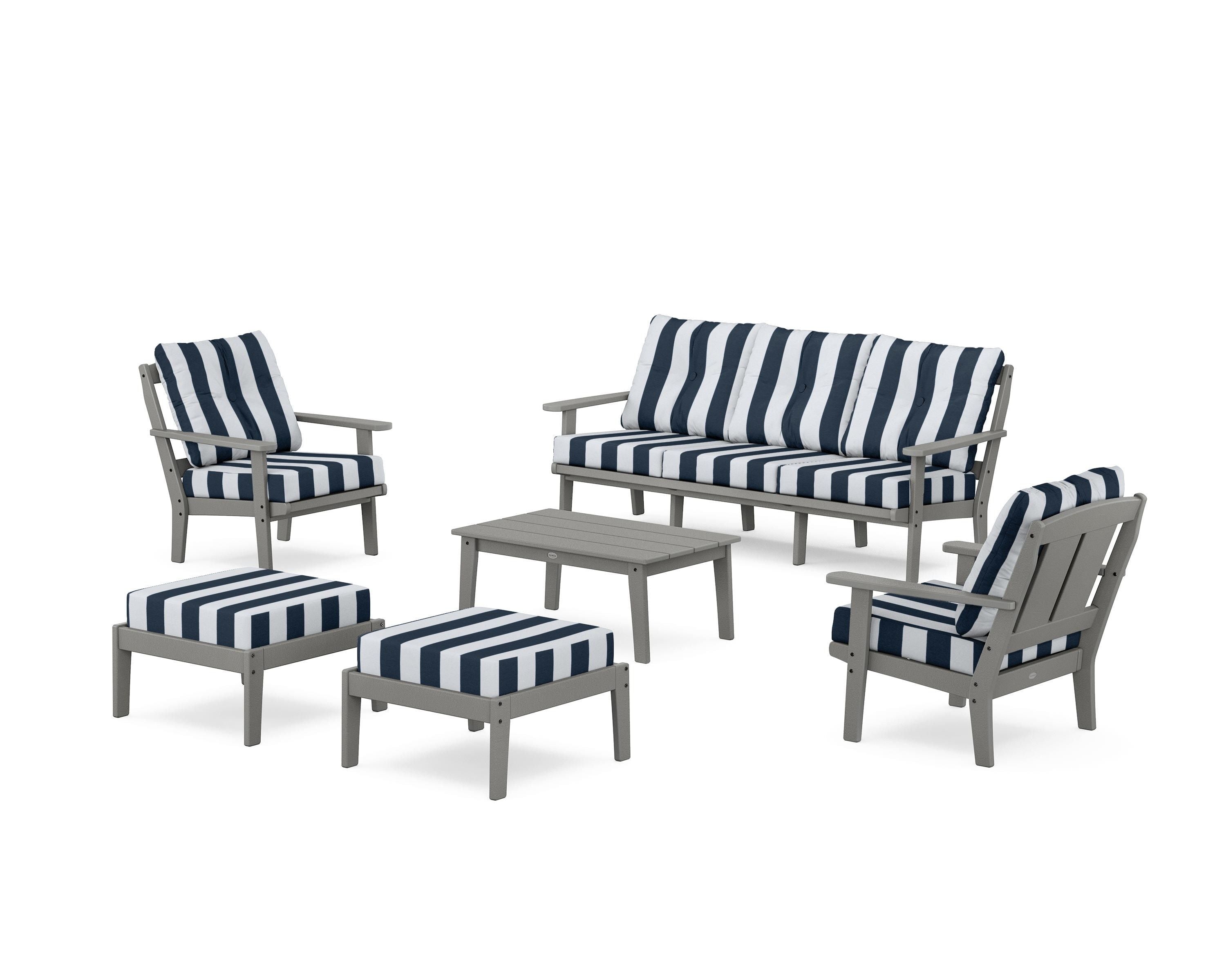 POLYWOOD® Mission 6-Piece Lounge Sofa Set in Slate Grey / Cabana Stripe Marine Indigo