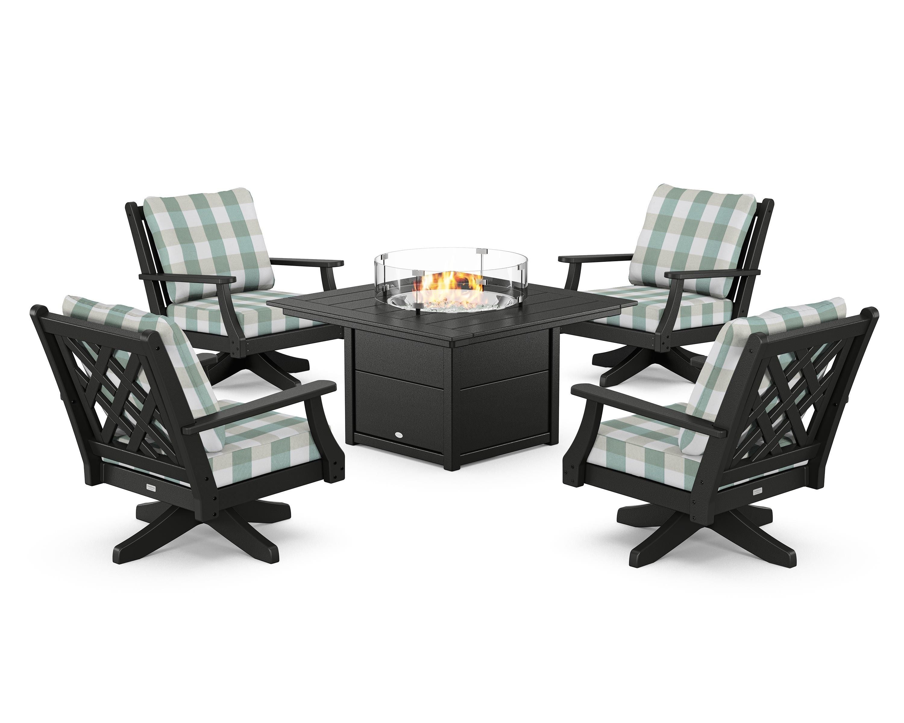 Country Living Wovendale 5-Piece Deep Seating Swivel Conversation Set with Fire Pit Table in Black / Buffalo Plaid Glacier Spa