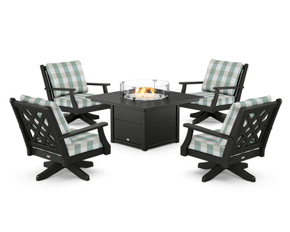 Country Living Wovendale 5-Piece Deep Seating Swivel Conversation Set with Fire Pit Table in Black / Buffalo Plaid Glacier Spa