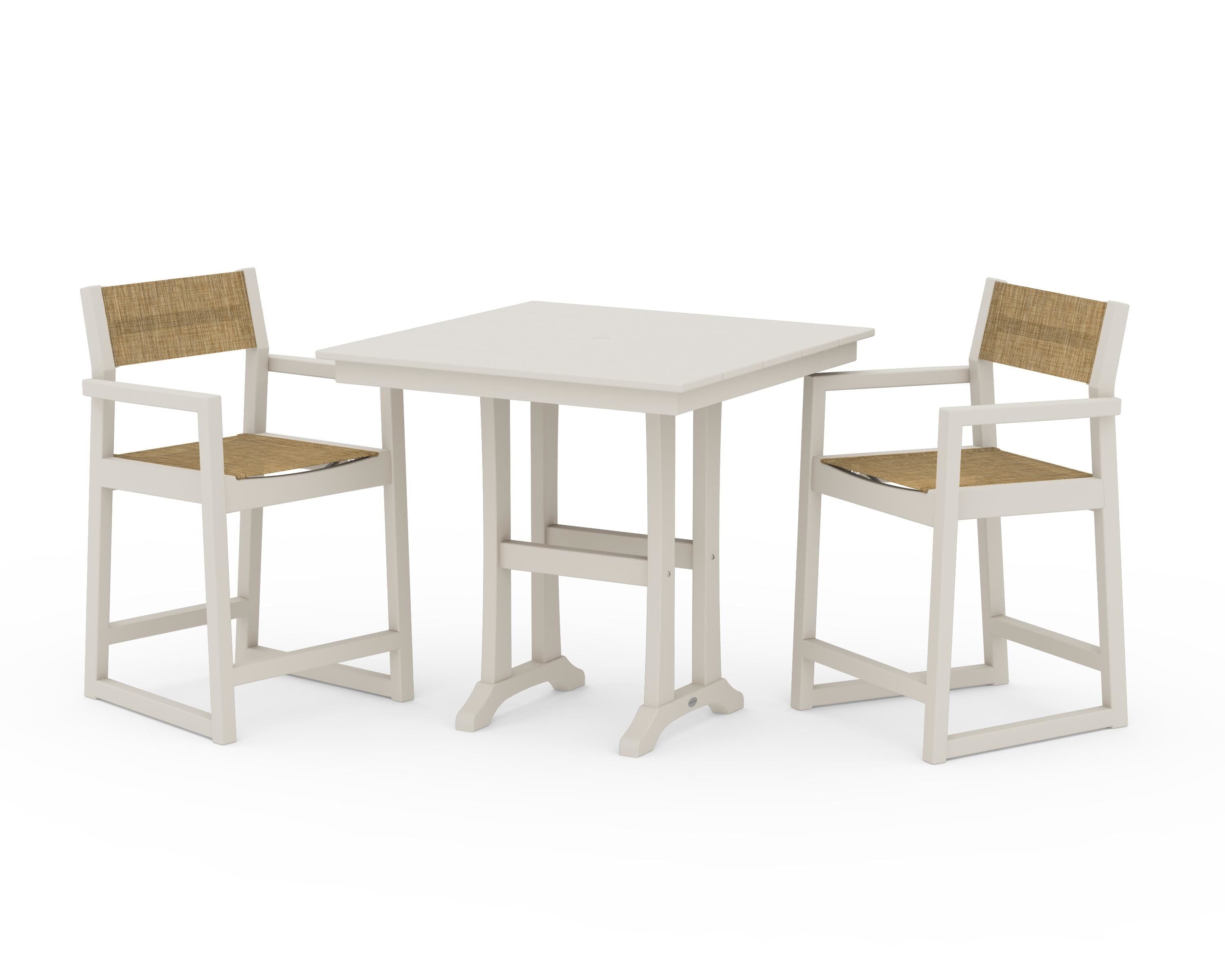 POLYWOOD® EDGE Sling Arm Chair 3-Piece Farmhouse Counter Set with Trestle Legs in Sand / Burlap Sling