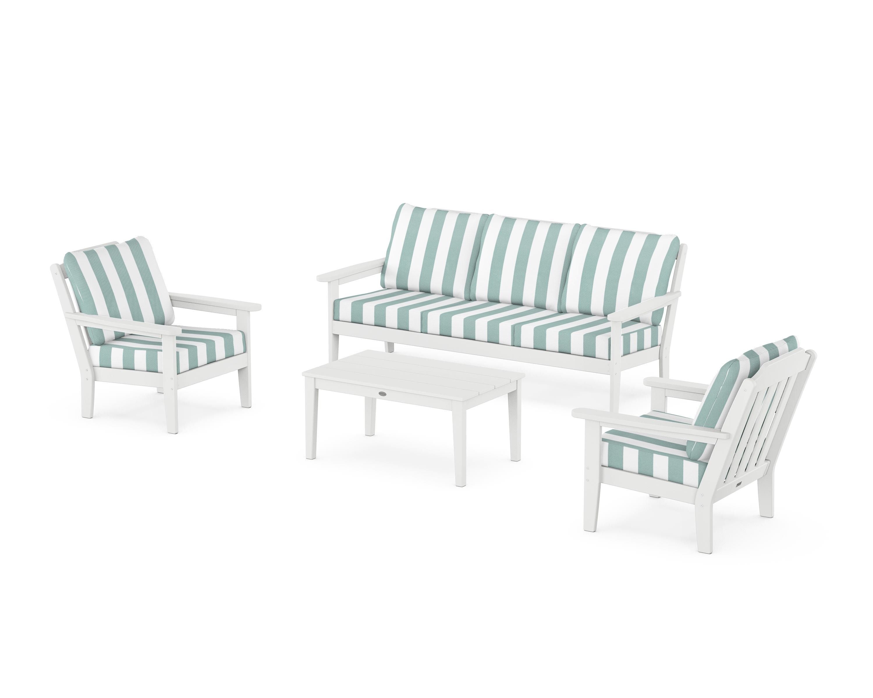Country Living Cottage 4-Piece Deep Seating Set with Sofa in White / Cabana Stripe Glacier Spa
