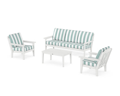Country Living Cottage 4-Piece Deep Seating Set with Sofa in White / Cabana Stripe Glacier Spa