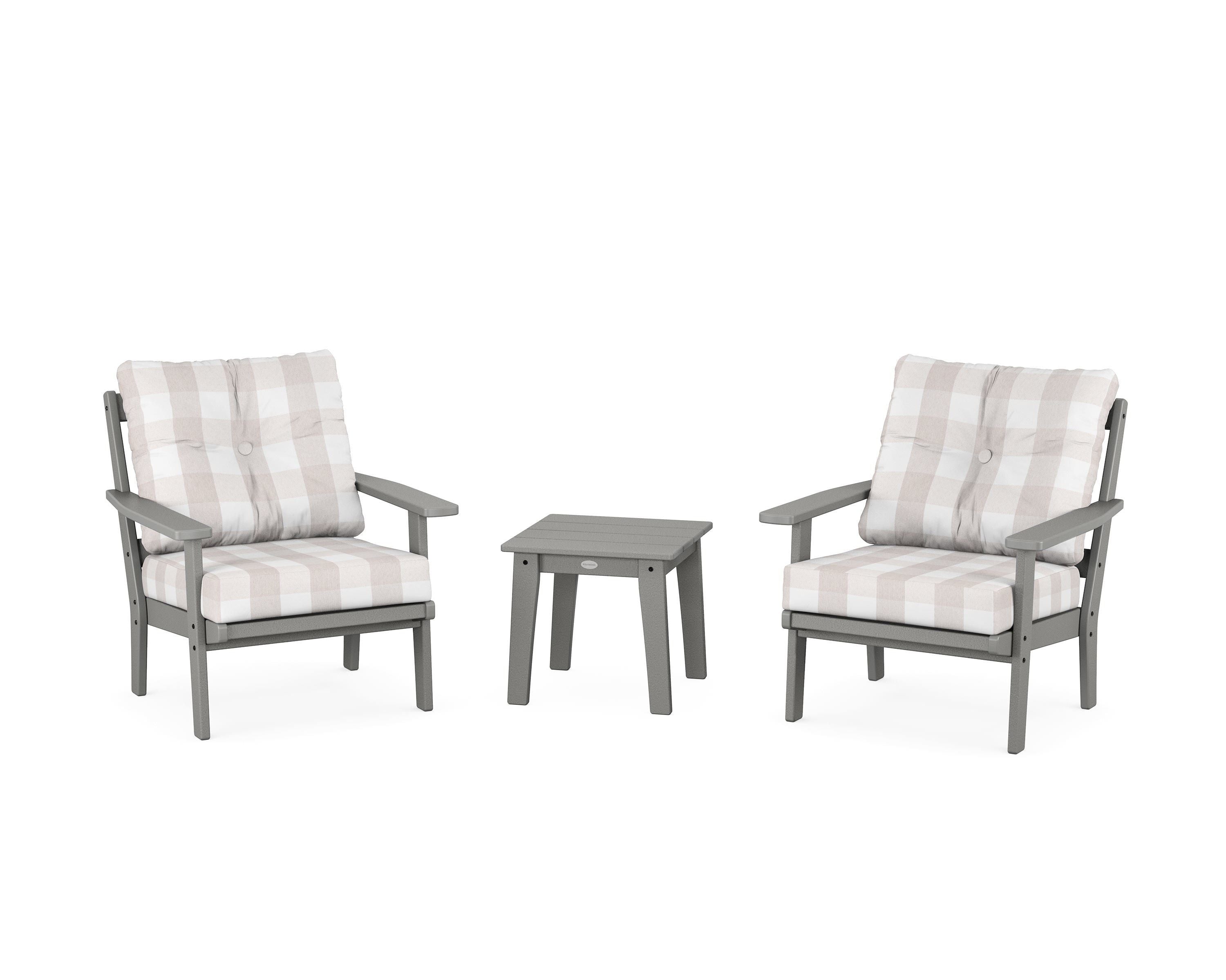 POLYWOOD® Prairie 3-Piece Deep Seating Set in Slate Grey / Buffalo Plaid Dune Burlap