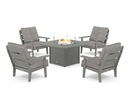 POLYWOOD® Lakeside 5-Piece Deep Seating Set with Nautical Fire Pit Table in Slate Grey / Grey Mist