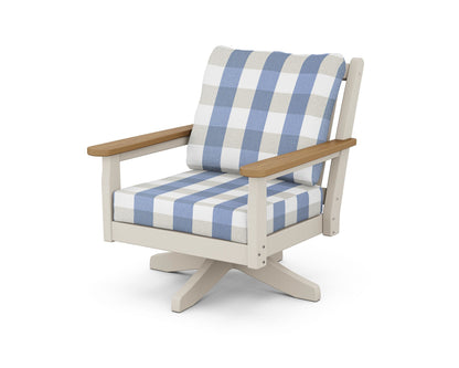 POLYWOOD® Chippendale Deep Seating Swivel Chair in Sand / Natural / Buffalo Plaid Sky Blue