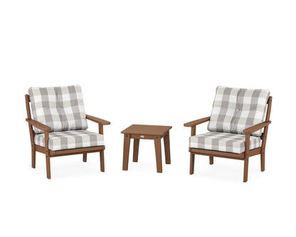 POLYWOOD® Mission 3-Piece Deep Seating Set in Teak / Buffalo Plaid Grey Mist