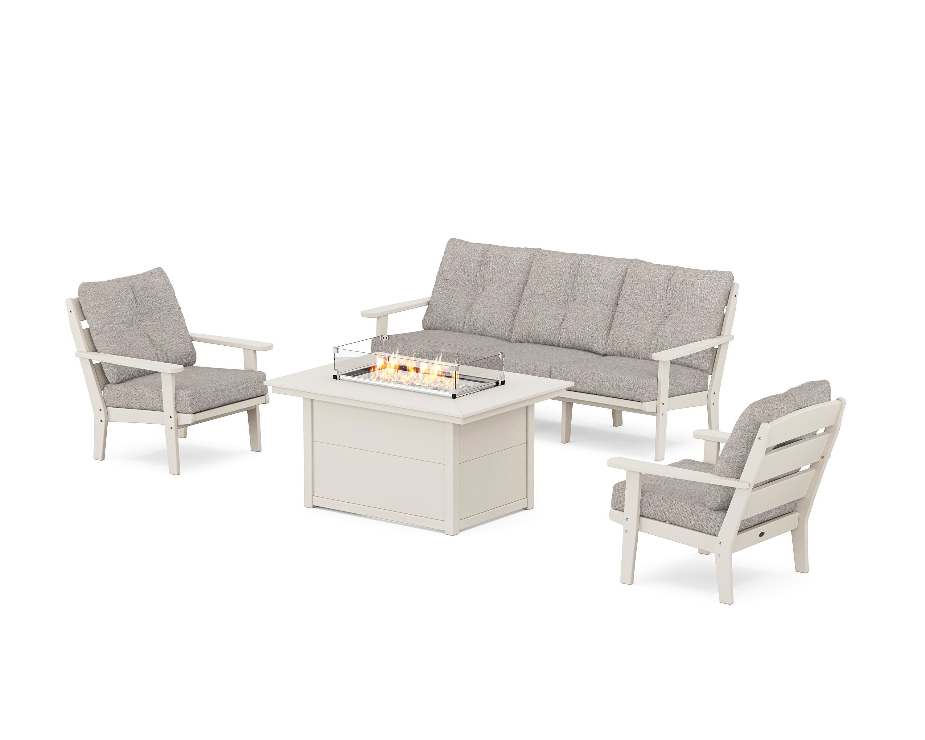 POLYWOOD® Lakeside Deep Seating Fire Pit Table Set in Sand / Weathered Tweed