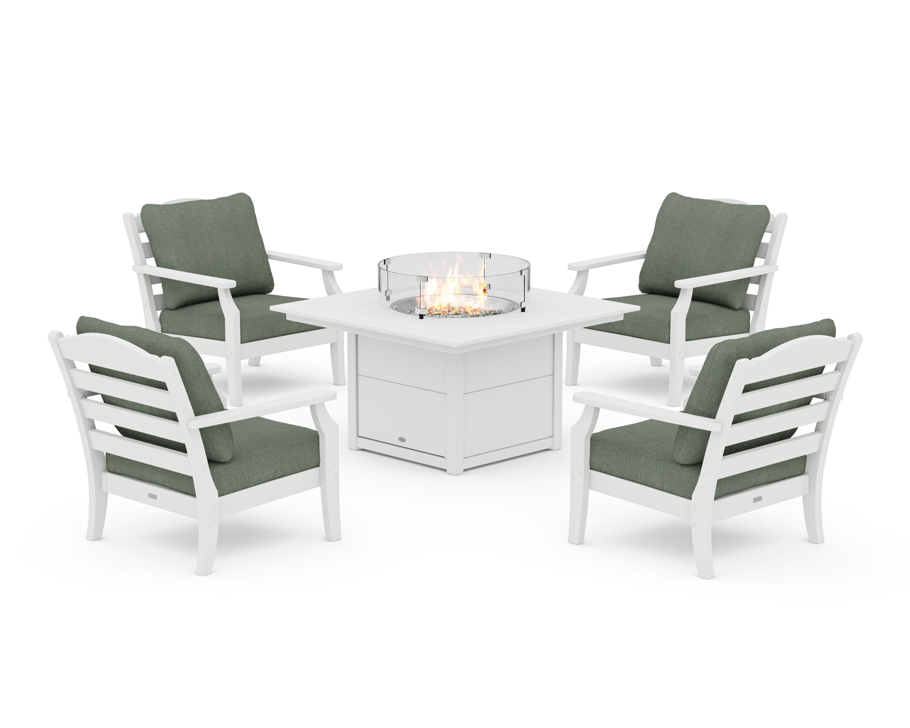 Draper James™ by  POLYWOOD® Savannah 5-Piece Deep Seating Set with Fire Pit Table in White / Cast Sage