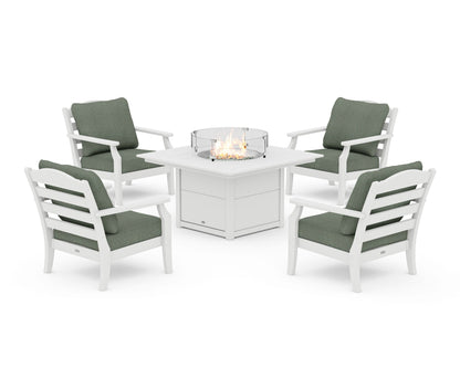 Draper James™ by  POLYWOOD® Savannah 5-Piece Deep Seating Set with Fire Pit Table in White / Cast Sage