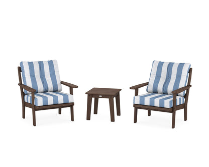 POLYWOOD® Mission 3-Piece Deep Seating Set in Mahogany / Cabana Stripe Sky Blue