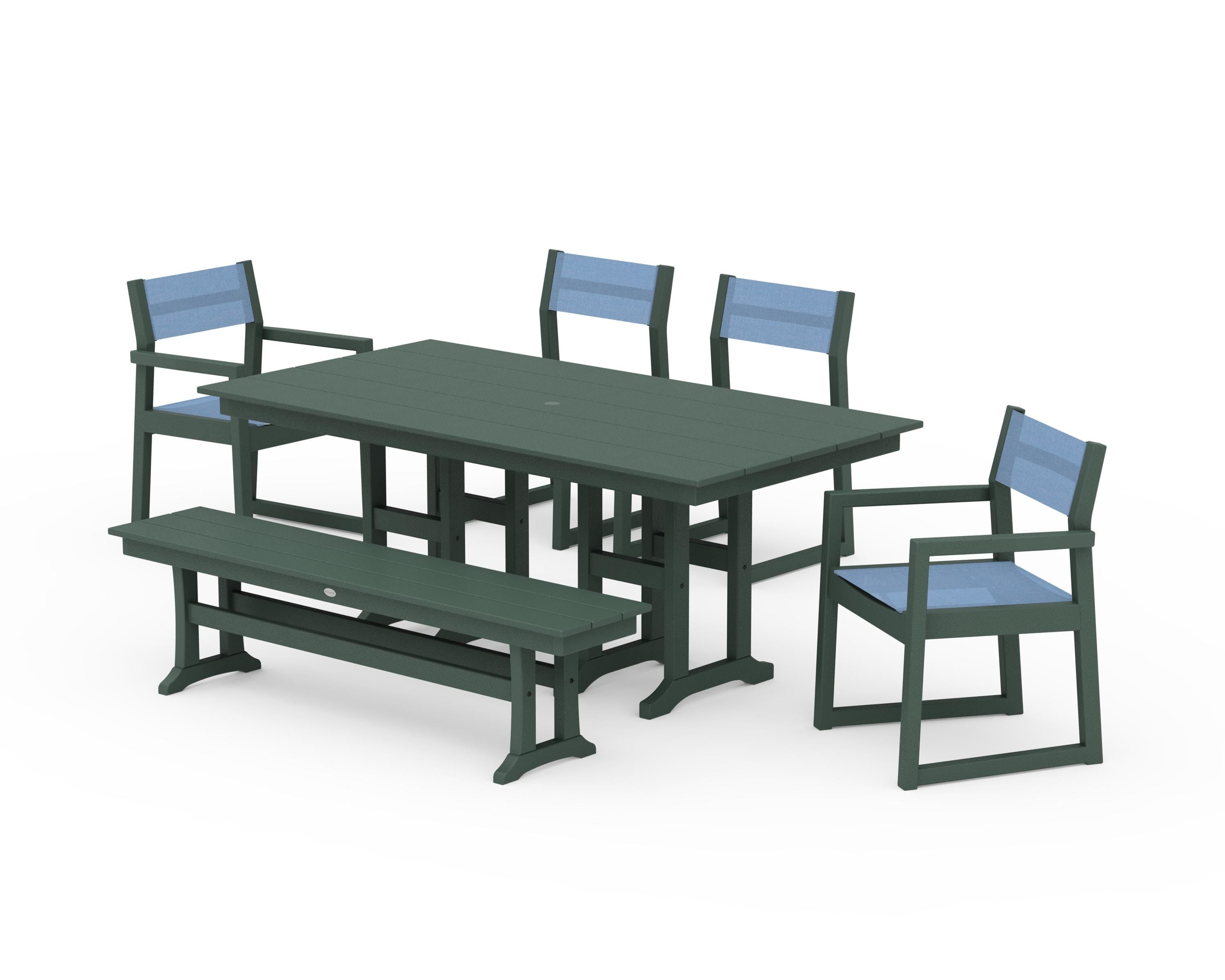 POLYWOOD® EDGE Sling 6-Piece Farmhouse Dining Set in Green / Poolside Sling