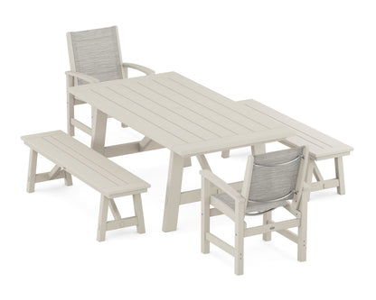POLYWOOD® Coastal 5-Piece Rustic Farmhouse Dining Set With Benches in Sand / Birch Sling