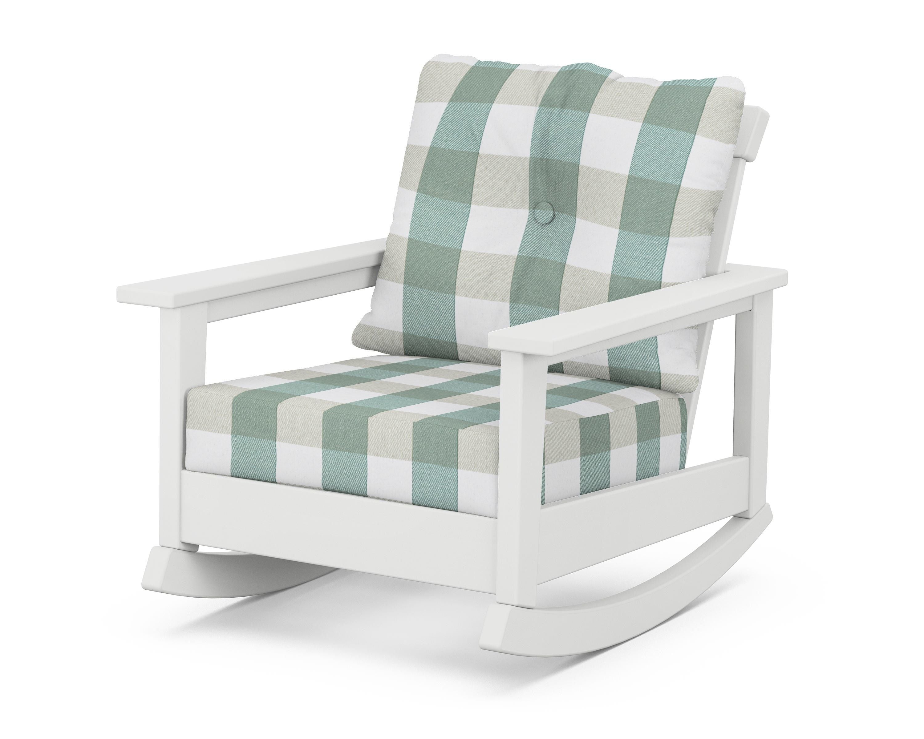 POLYWOOD® Prescott Deep Seating Rocking Chair in White / Buffalo Plaid Glacier Spa