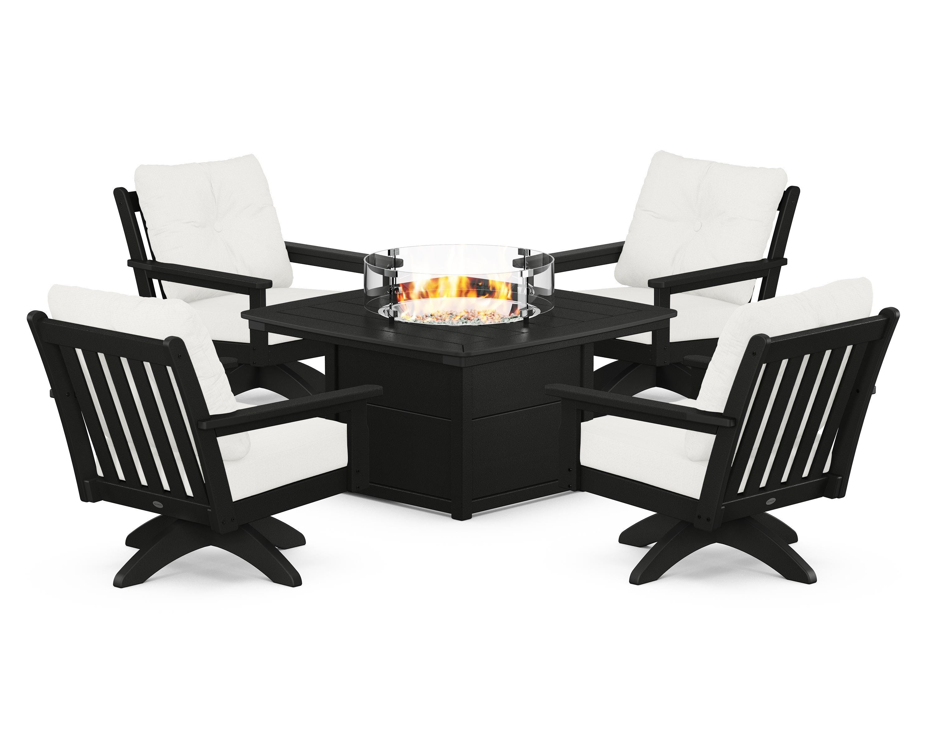 POLYWOOD® Vineyard 5-Piece Deep Seating Swivel Conversation Set with Fire Pit Table in Black / Natural Linen