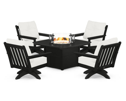 POLYWOOD® Vineyard 5-Piece Deep Seating Swivel Conversation Set with Fire Pit Table in Black / Natural Linen