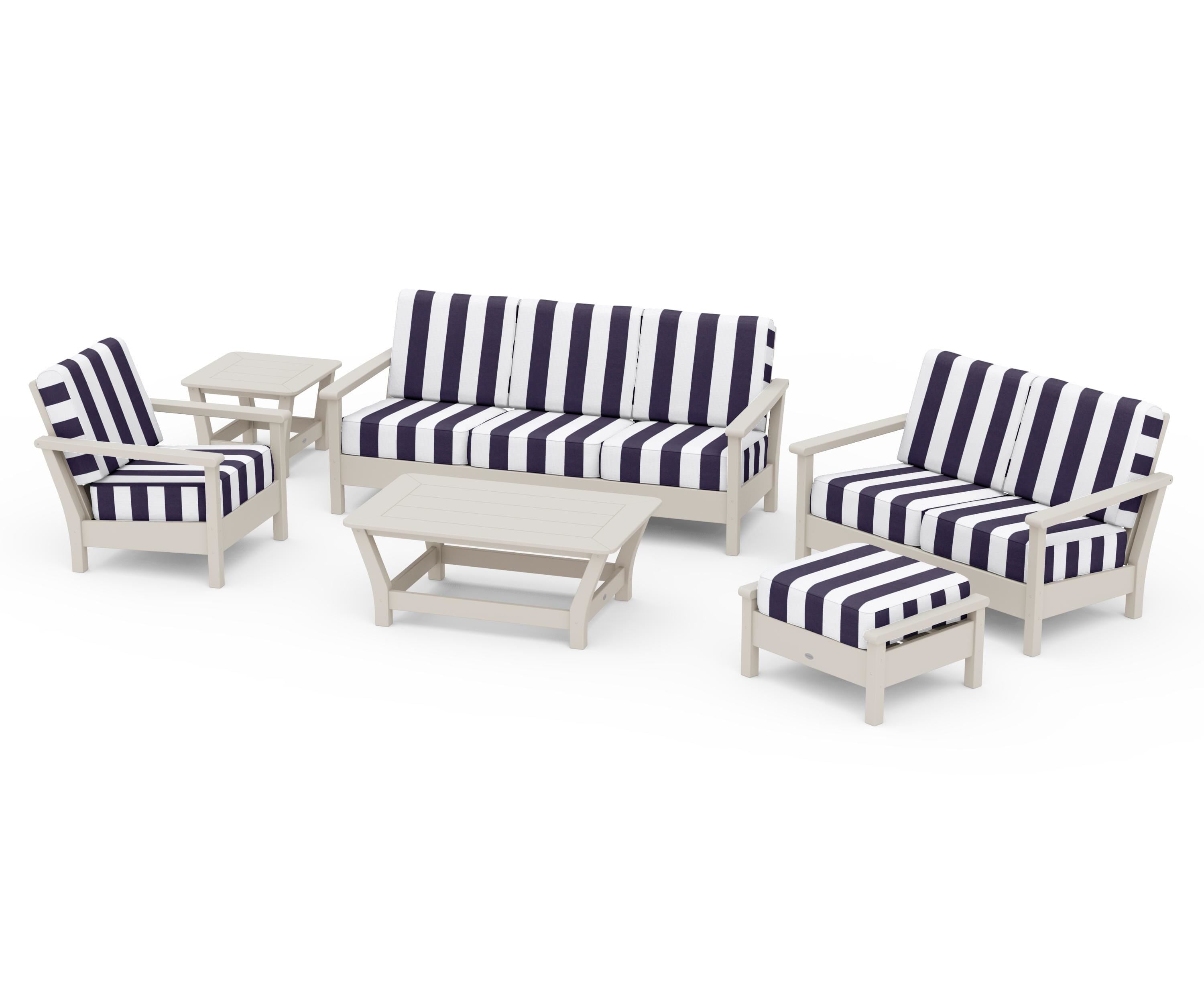 POLYWOOD® Harbour 6-Piece Outdoor Living Set in Sand / Cabana Stripe Navy