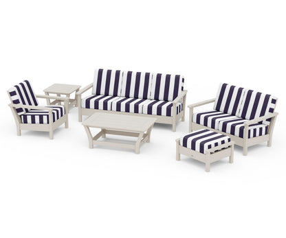 POLYWOOD® Harbour 6-Piece Outdoor Living Set in Sand / Cabana Stripe Navy