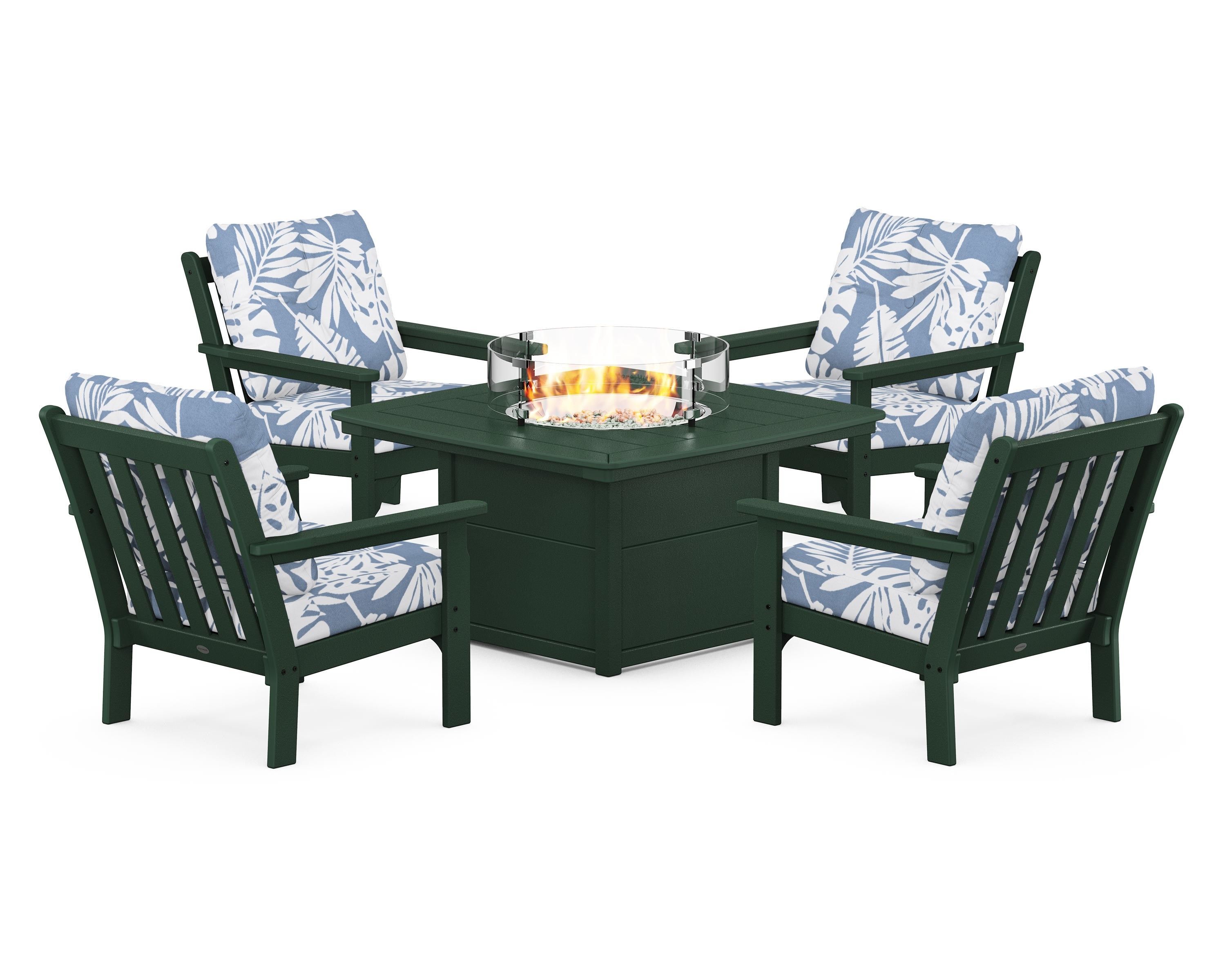 POLYWOOD® Vineyard 5-Piece Conversation Set with Fire Pit Table in Green / Leaf Sky Blue