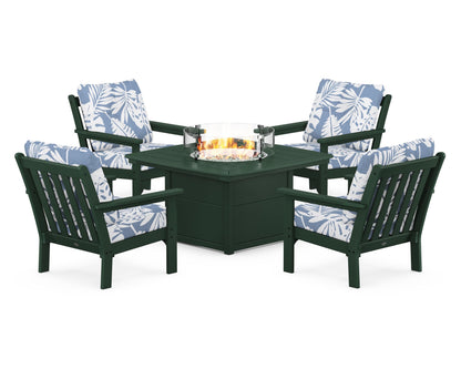 POLYWOOD® Vineyard 5-Piece Conversation Set with Fire Pit Table in Green / Leaf Sky Blue