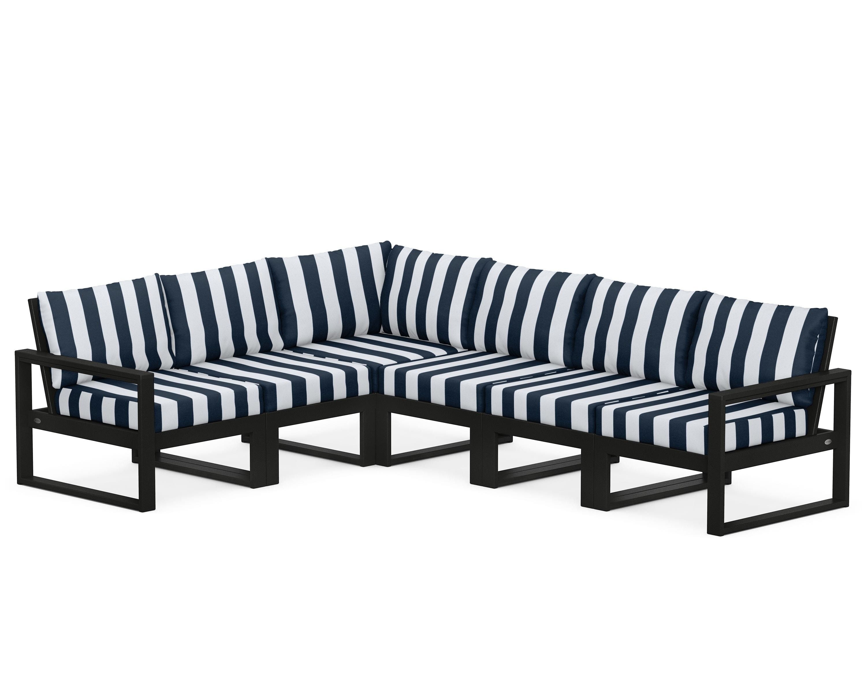 POLYWOOD® EDGE 6-Piece Modular Deep Seating Set in Black / Cabana Stripe Marine Indigo