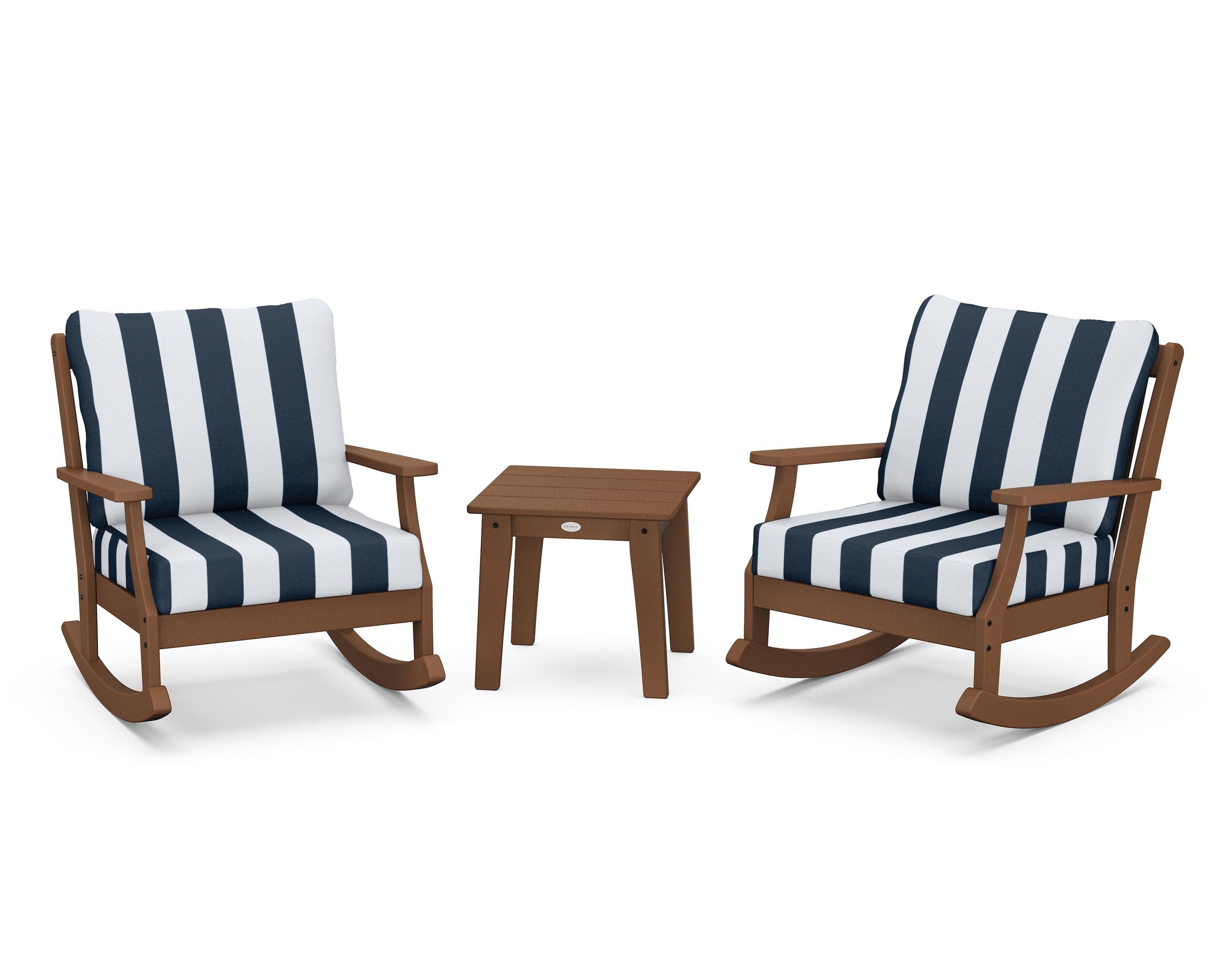 POLYWOOD® Braxton 3-Piece Deep Seating Rocker Set in Teak / Cabana Stripe Marine Indigo
