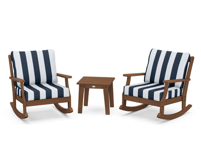 POLYWOOD® Braxton 3-Piece Deep Seating Rocker Set in Teak / Cabana Stripe Marine Indigo