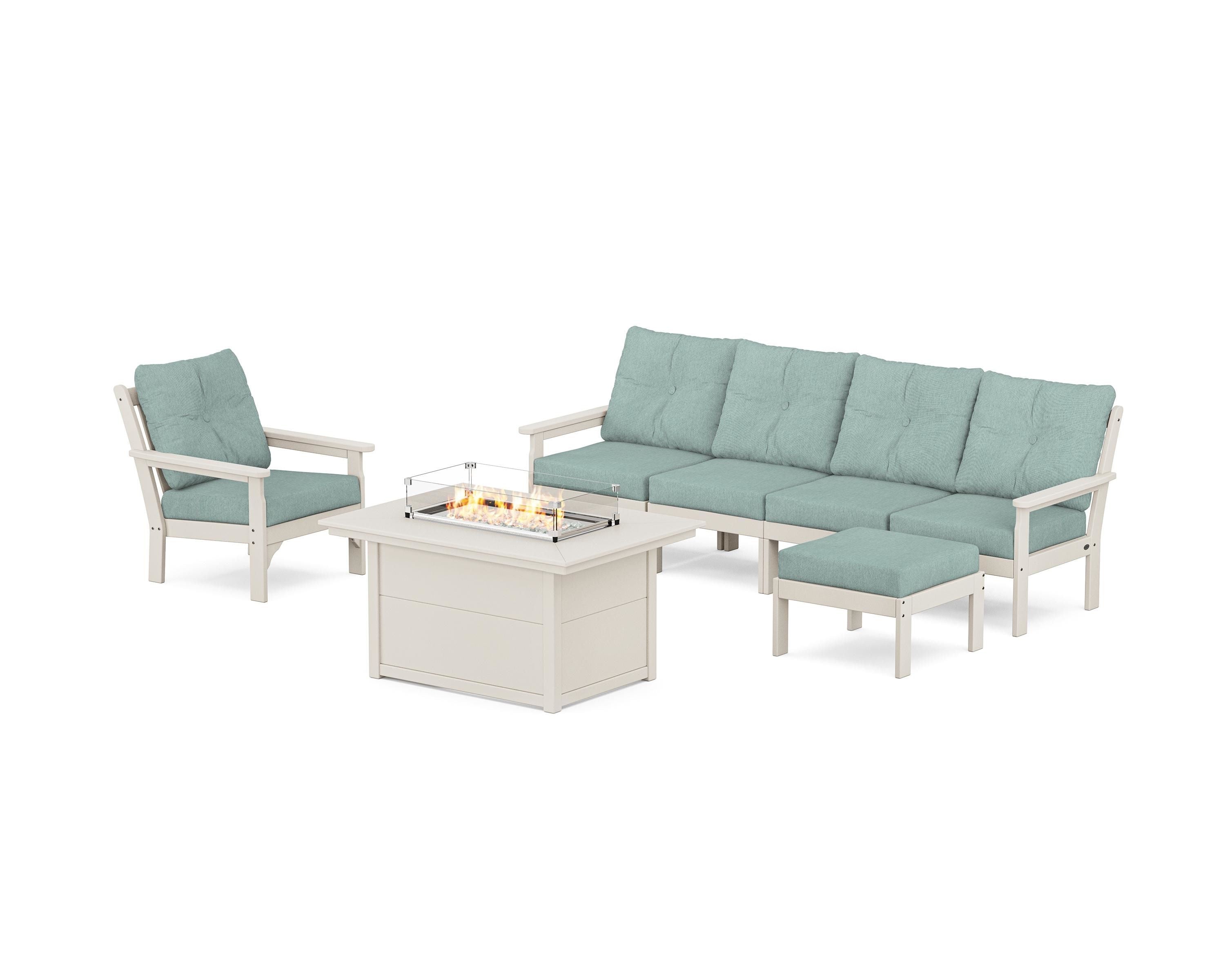 POLYWOOD® Vineyard Sectional Lounge and Fire Pit Set in Sand / Glacier Spa
