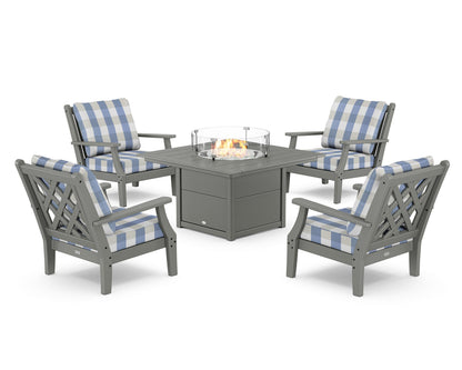Country Living Wovendale 5-Piece Deep Seating Set with Fire Pit Table in Slate Grey / Buffalo Plaid Sky Blue