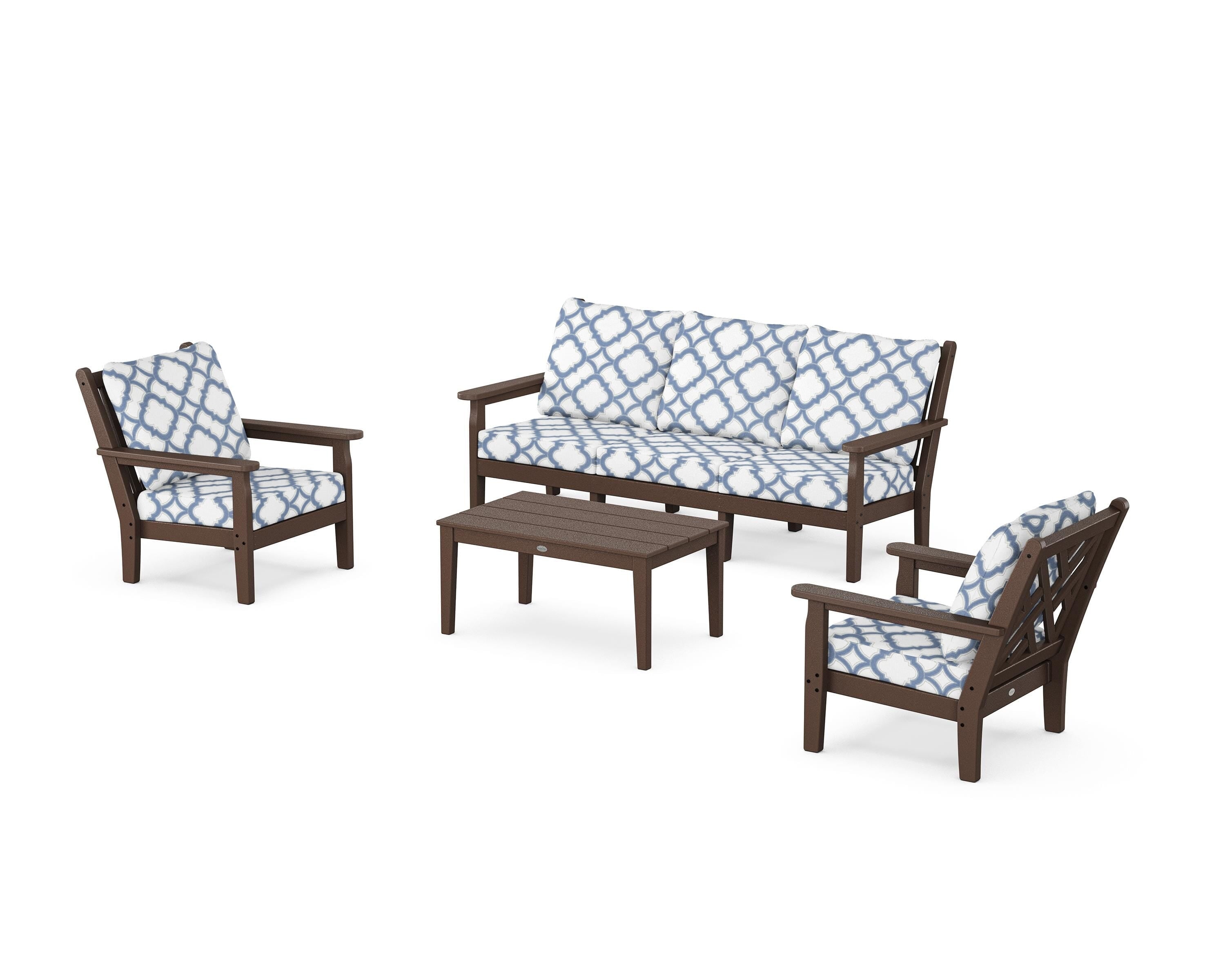 POLYWOOD® Chippendale 4-Piece Deep Seating Set with Sofa in Mahogany / Trellis Sky Blue