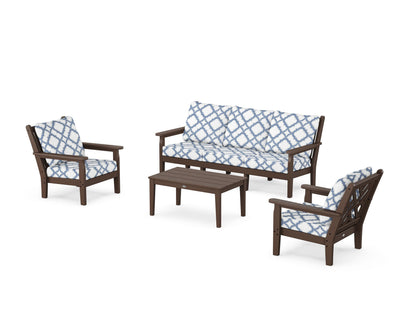 POLYWOOD® Chippendale 4-Piece Deep Seating Set with Sofa in Mahogany / Trellis Sky Blue