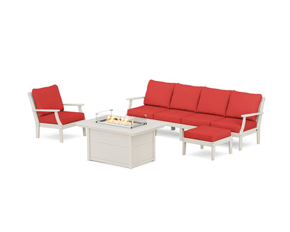 POLYWOOD® Braxton Sectional Lounge and Fire Pit Set in Sand / Crimson Linen