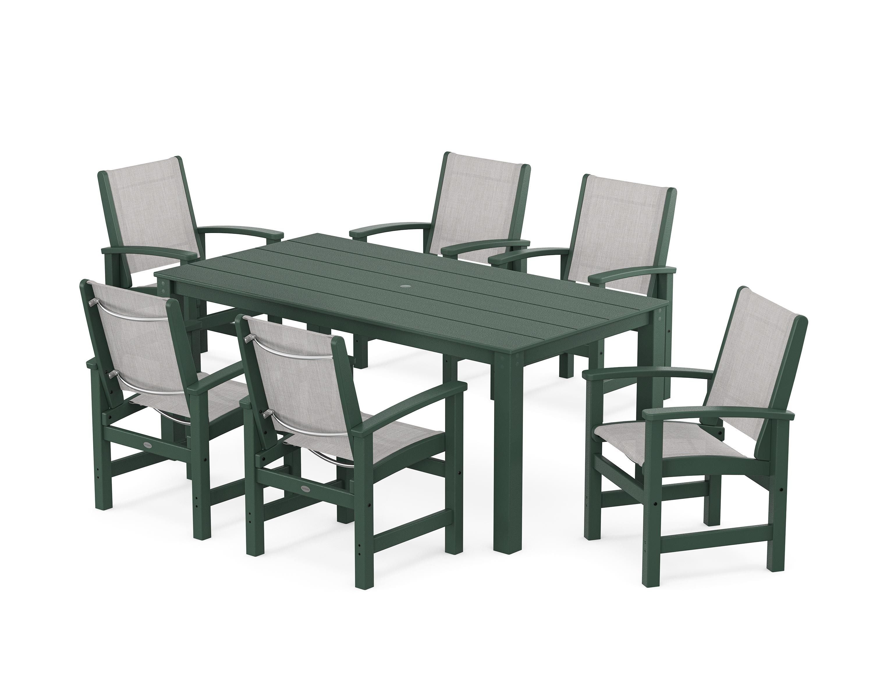 POLYWOOD® Coastal 7-Piece Parsons Dining Set in Green / Parchment Sling
