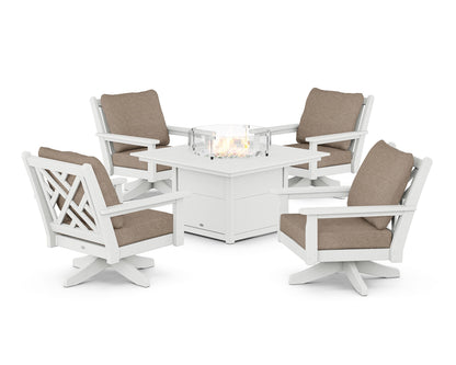 POLYWOOD® Chippendale 5-Piece Deep Seating Swivel Conversation Set with Fire Pit Table in White / Spiced Burlap