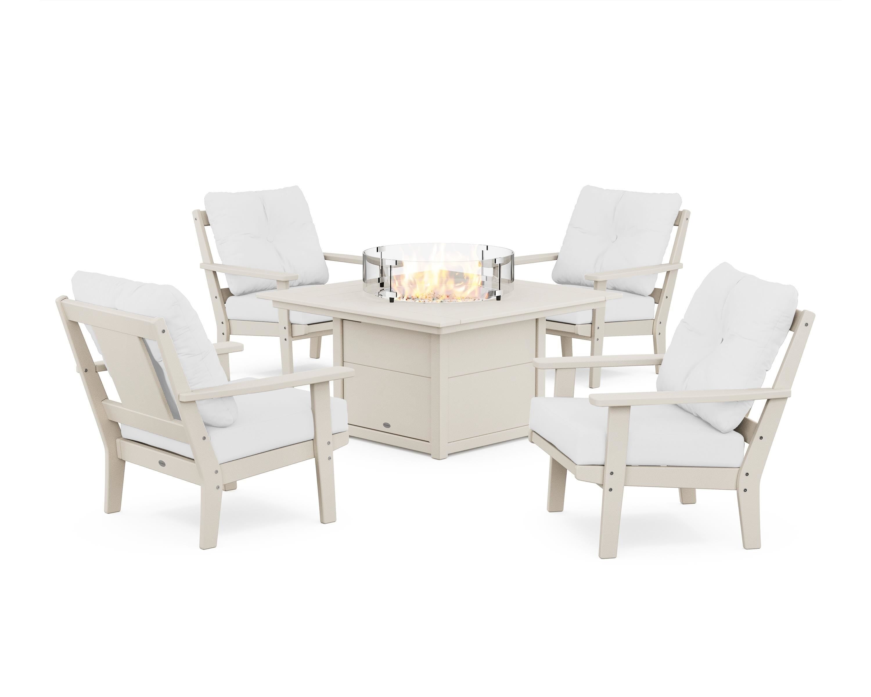 POLYWOOD® Prairie 5-Piece Deep Seating Set with Fire Pit Table in Sand / Natural