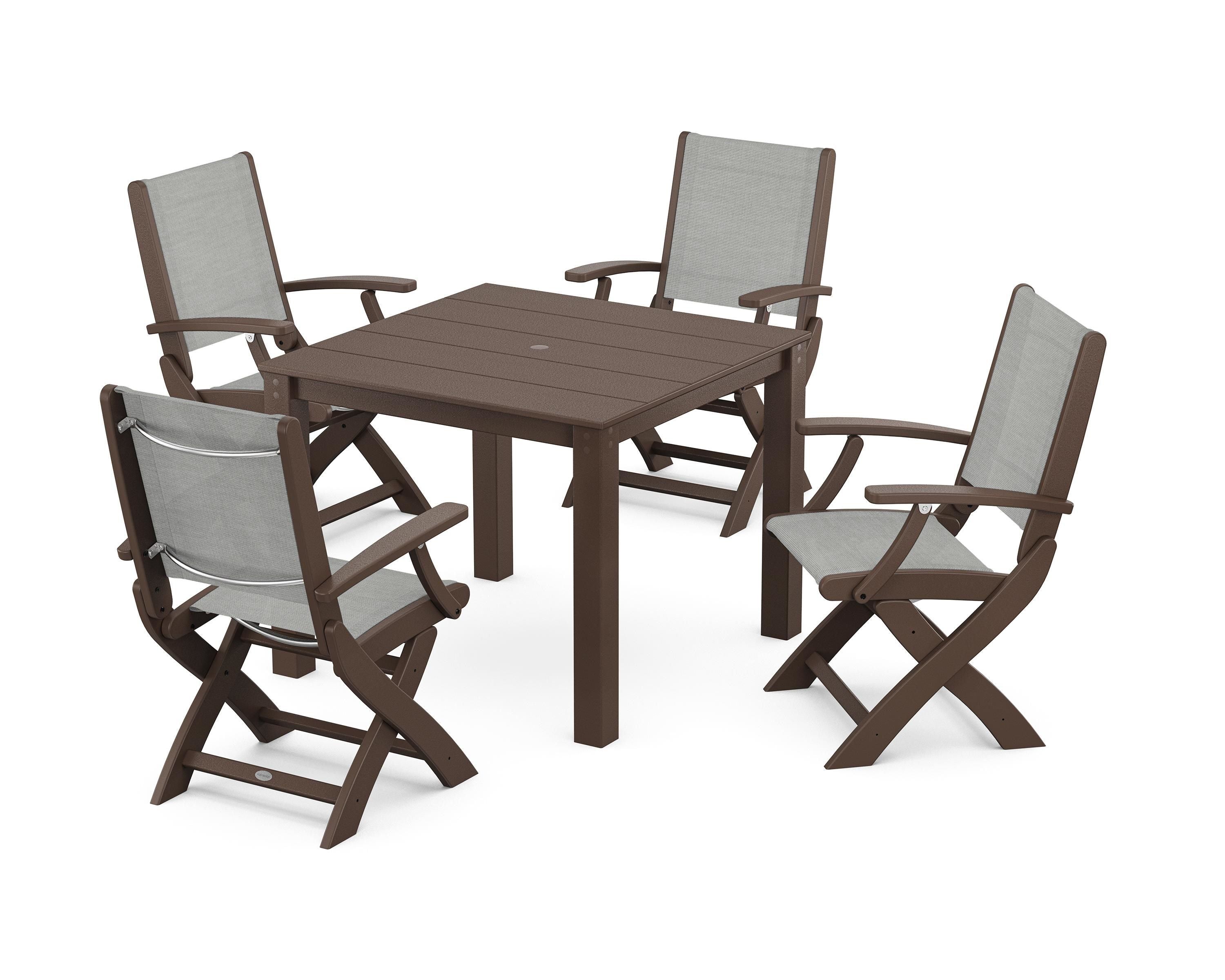 POLYWOOD® Coastal Folding Chair 5-Piece Parsons Dining Set in Mahogany / Metallic Sling