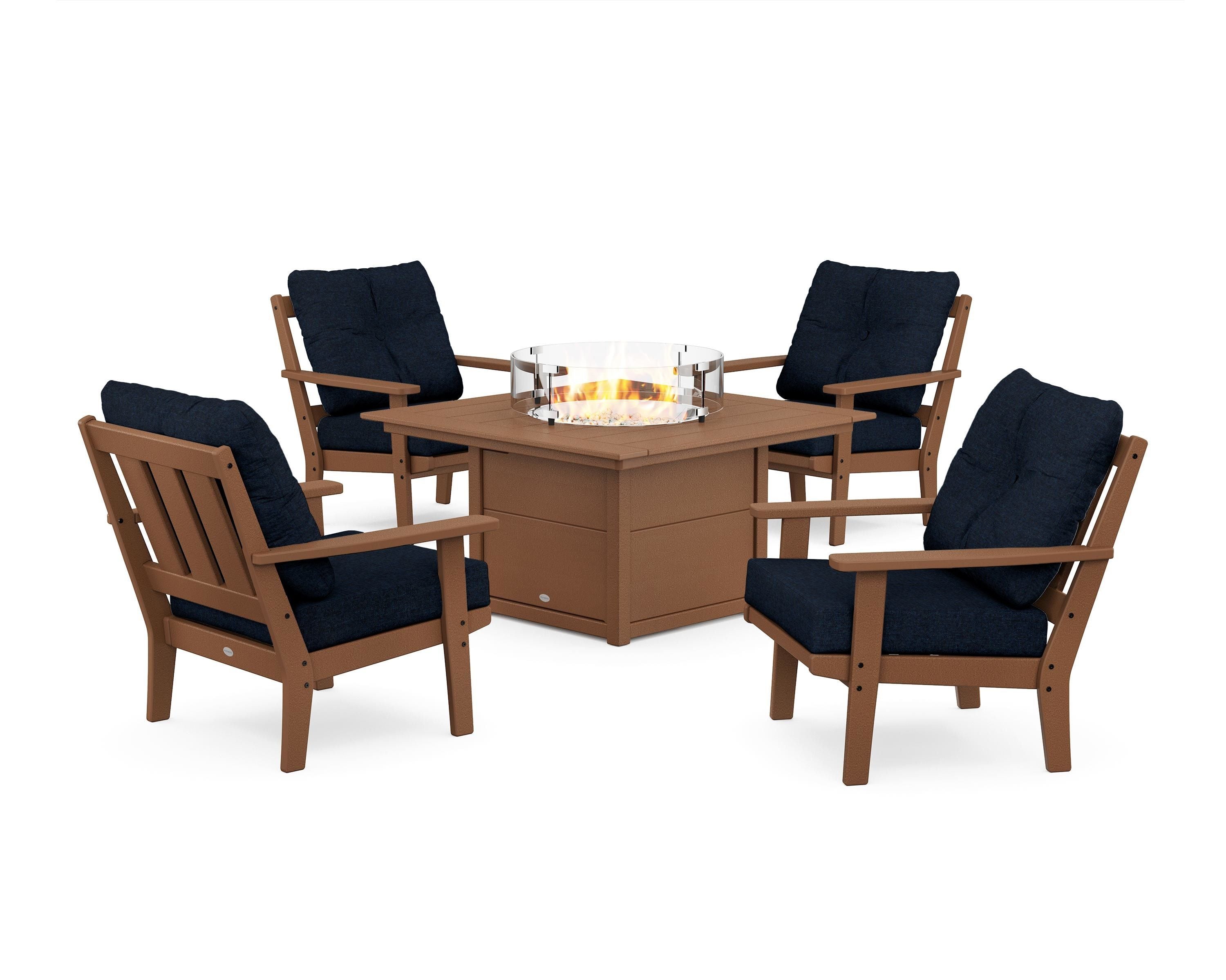 POLYWOOD® Oxford 5-Piece Deep Seating Set with Fire Pit Table in Teak / Marine Indigo
