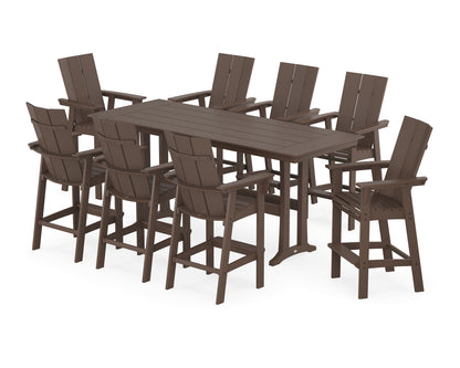 POLYWOOD® Modern Curveback Adirondack 9-Piece Farmhouse Bar Set with Trestle Legs in Mahogany