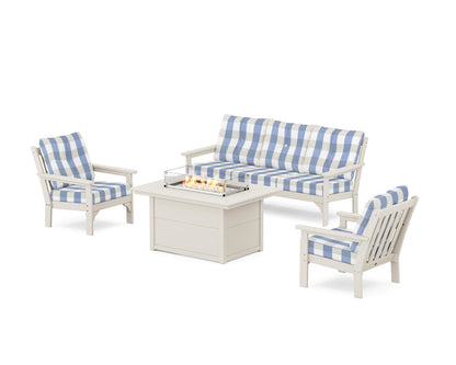 POLYWOOD® Vineyard Deep Seating Fire Pit Table Set in Sand / Buffalo Plaid Sky Blue