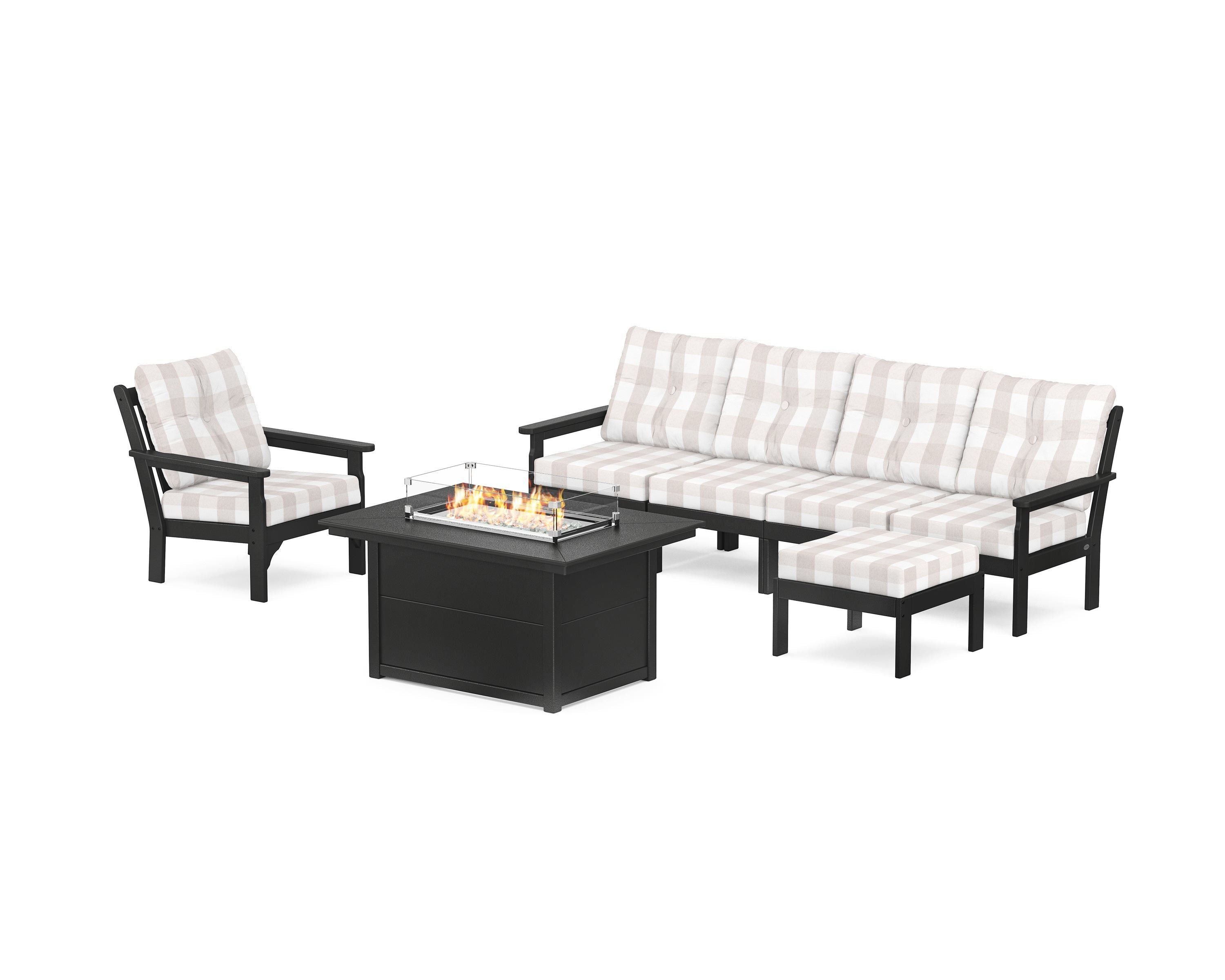 POLYWOOD® Vineyard Sectional Lounge and Fire Pit Set in Black / Buffalo Plaid Dune Burlap