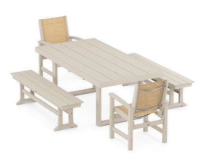 POLYWOOD® Coastal 5-Piece Dining Set with Trestle Legs in Sand / Dupioni Apricot Sling