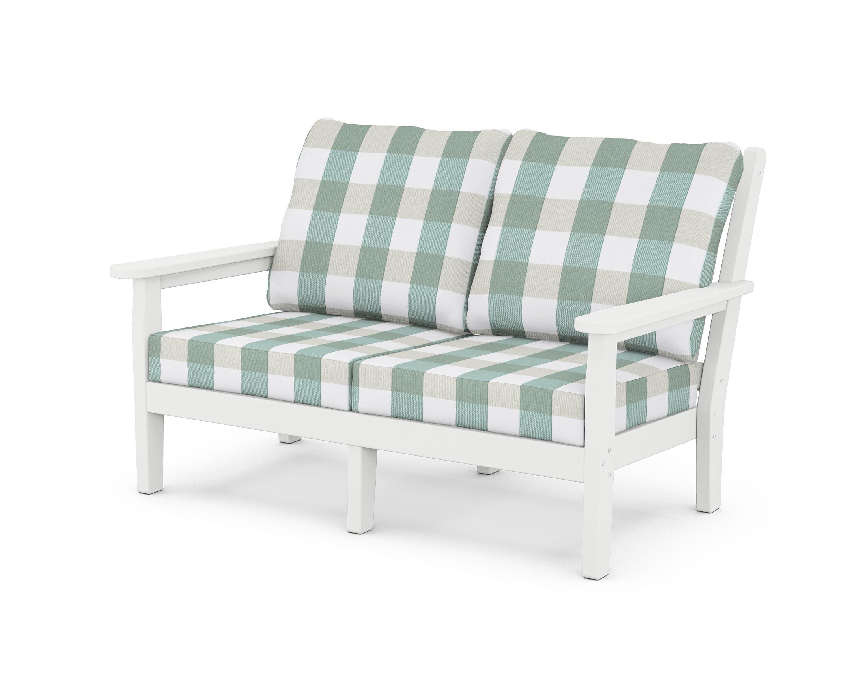 POLYWOOD® Chippendale Deep Seating Loveseat in White / Buffalo Plaid Glacier Spa