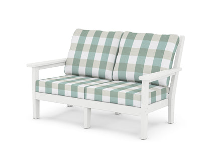 POLYWOOD® Chippendale Deep Seating Loveseat in White / Buffalo Plaid Glacier Spa